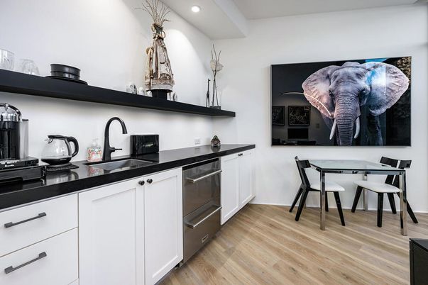Dining room, Interior, Kitchen, Recessed Lighting, Stainless Steel Appliances, Wood Texture Flooring