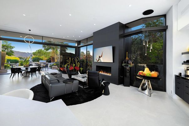 Dining room, Fireplace, Interior, Living room, Pendant Lights, Recessed Lighting
