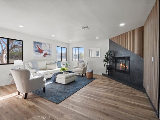 Fireplace, Interior, Living room, Recessed Lighting, Wood Texture Flooring