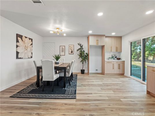 Dining room, Interior, Recessed Lighting, Wood Texture Flooring
