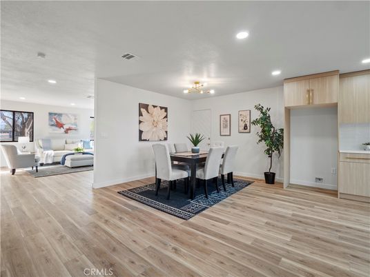 Dining room, Interior, Living room, Recessed Lighting, Wood Texture Flooring