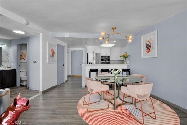 Dining room, Interior, Kitchen, Recessed Lighting, Stainless Steel Appliances, Wood Texture Flooring