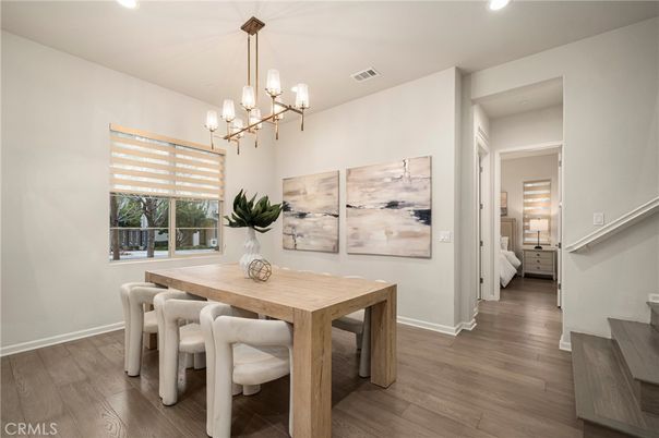 Chandelier, Dining room, Interior, Pendant Lights, Recessed Lighting, Wood Texture Flooring