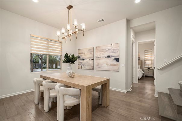 Dining room, Interior, Pendant Lights, Recessed Lighting, Wood Texture Flooring