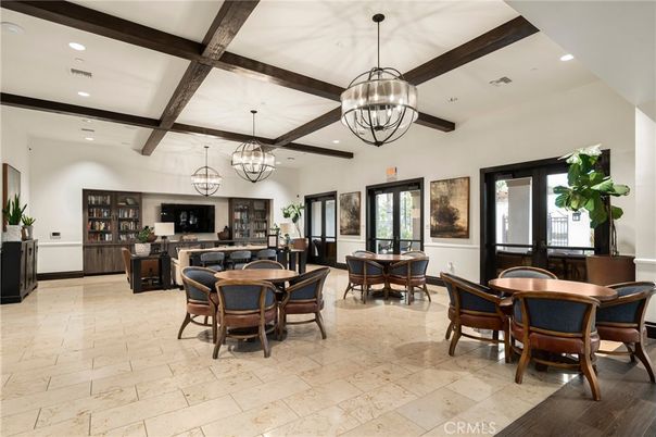 Chandelier, Dining room, Interior, Living room, Pendant Lights, Recessed Lighting, Wooden Beams
