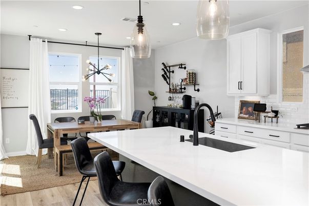 Dining room, Fireplace, Interior, Kitchen, Pendant Lights, Recessed Lighting, Wood Texture Flooring