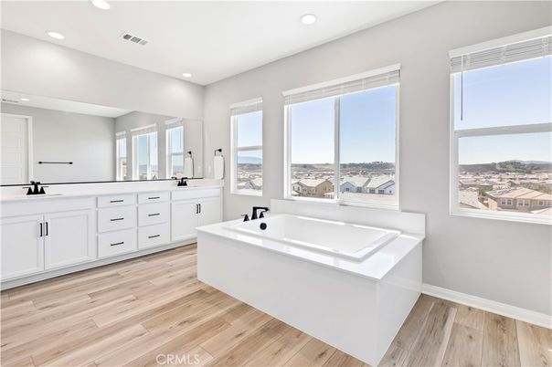 Bathroom, Dual Sink Vanities, Interior, Recessed Lighting, Wood Texture Flooring