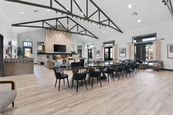 Dining room, Fireplace, Interior, Living room, Pendant Lights, Recessed Lighting, Wood Texture Flooring
