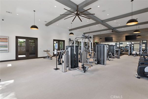 Fitness Equipment, Gym, Interior, Pendant Lights, Recessed Lighting, Wooden Beams