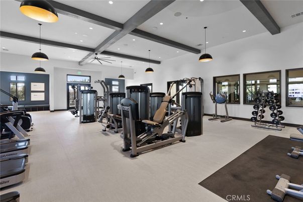 Fitness Equipment, Gym, Interior, Pendant Lights, Recessed Lighting, Wooden Beams