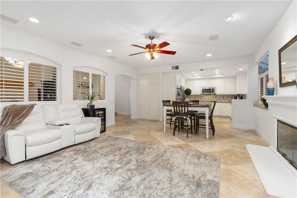 Dining room, Fireplace, Interior, Kitchen, Living room, Recessed Lighting