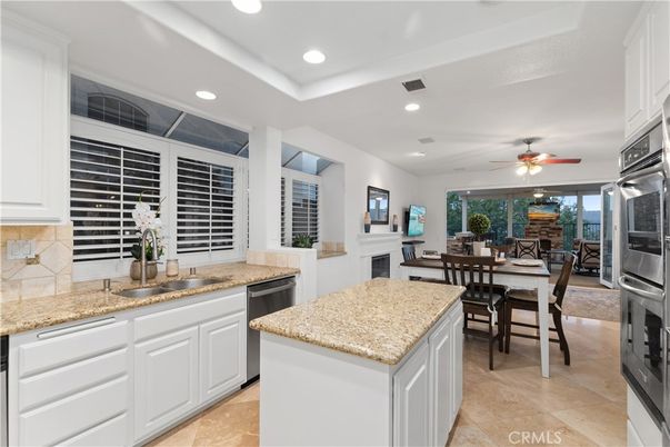 Dining room, Fireplace, Interior, Kitchen, Recessed Lighting, Stainless Steel Appliances