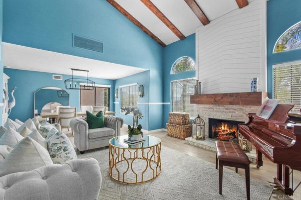 Dining room, Fireplace, Interior, Living room, Pendant Lights, Piano, Wooden Beams, Wood Texture Flooring