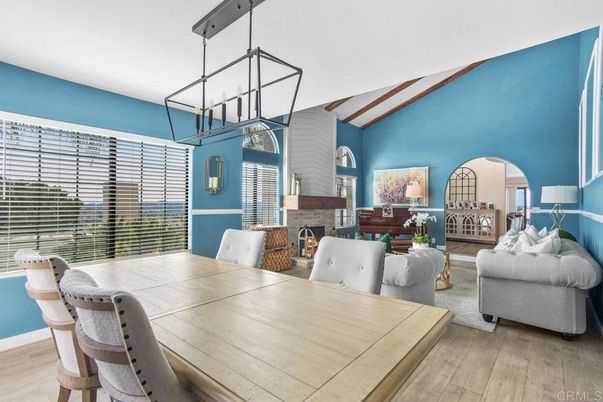 Dining room, Fireplace, Interior, Living room, Pendant Lights, Wood Texture Flooring