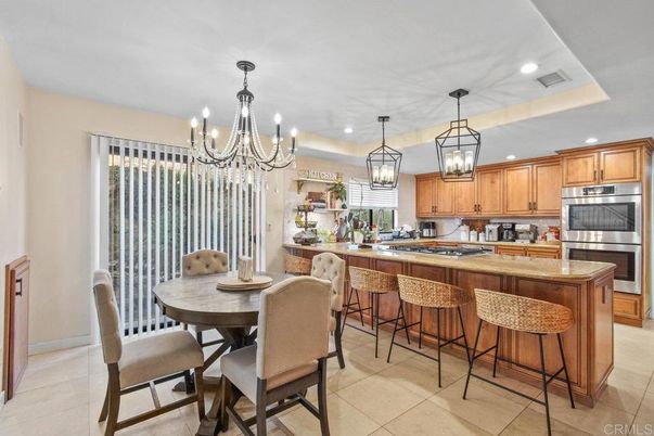 Chandelier, Dining room, Interior, Kitchen, Pendant Lights, Recessed Lighting, Stainless Steel Appliances