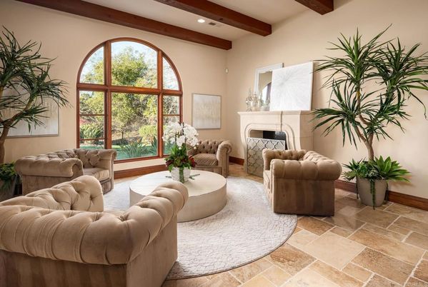 Fireplace, Interior, Living room, Recessed Lighting, Wooden Beams