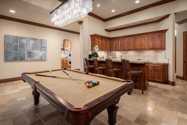 Billiard Table, Chandelier, Game Room, Interior, Recessed Lighting