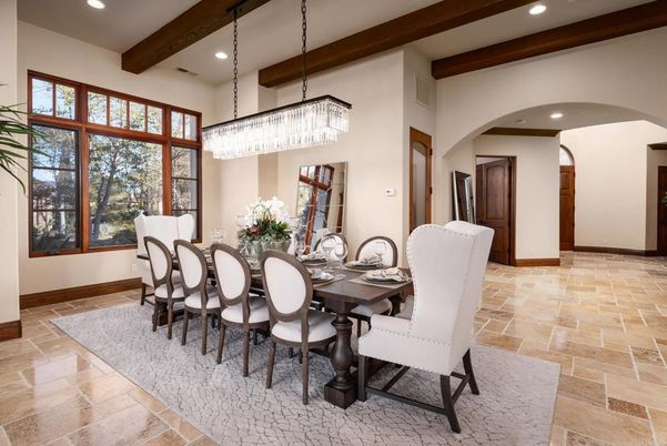 Chandelier, Dining room, Interior, Recessed Lighting, Wooden Beams