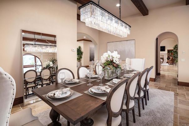 Chandelier, Dining room, Interior, Recessed Lighting, Wooden Beams