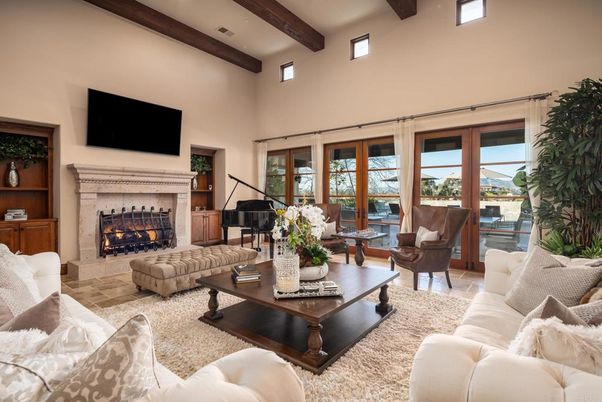 Fireplace, Interior, Living room, Piano, Recessed Lighting, Wooden Beams