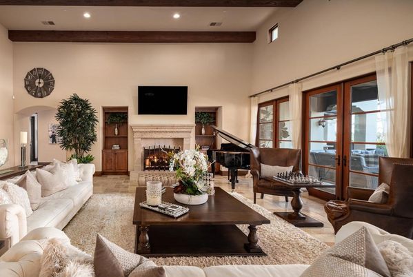 Fireplace, Interior, Living room, Piano, Recessed Lighting, Wooden Beams