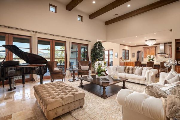 Chandelier, Interior, Living room, Piano, Recessed Lighting, Wooden Beams