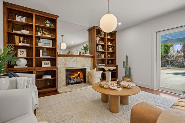 Fireplace, Interior, Pendant Lights, Recessed Lighting, Wood Texture Flooring