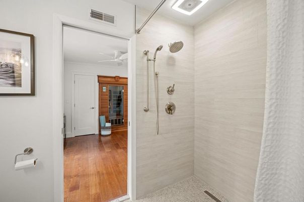 Bathroom, Glass Shower, Interior, Wood Texture Flooring