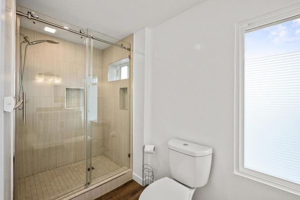 Bathroom, Glass Shower, Interior, Wood Texture Flooring