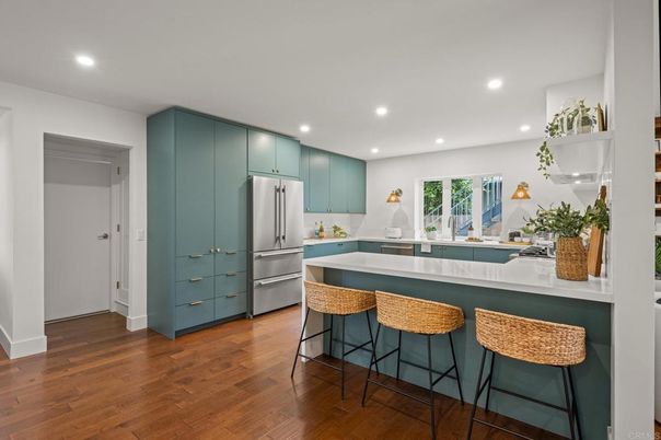 Interior, Kitchen, Pendant Lights, Recessed Lighting, Stainless Steel Appliances, Wood Texture Flooring