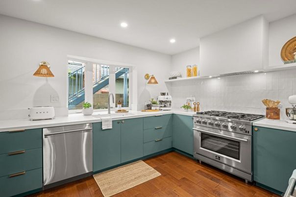 Interior, Kitchen, Recessed Lighting, Stainless Steel Appliances, Wood Texture Flooring