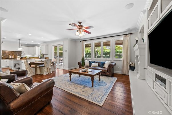 Dining room, Fireplace, Interior, Kitchen, Living room, Pendant Lights, Recessed Lighting, Wood Texture Flooring