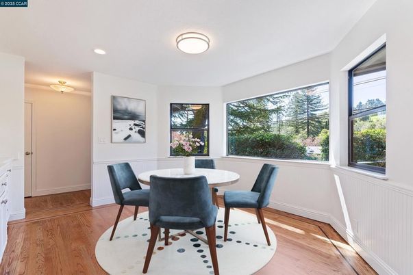Dining room, Interior, Recessed Lighting, Wood Texture Flooring