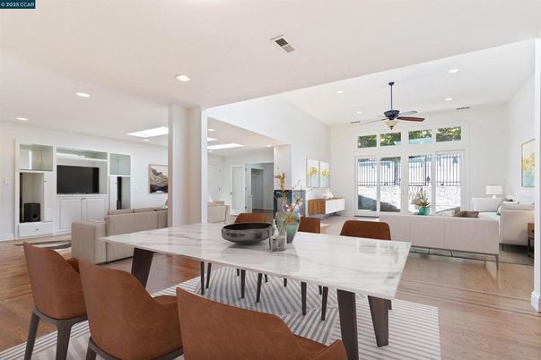 Dining room, Interior, Living room, Recessed Lighting, Wood Texture Flooring