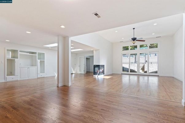 Empty room, Fireplace, Interior, Recessed Lighting, Wood Texture Flooring