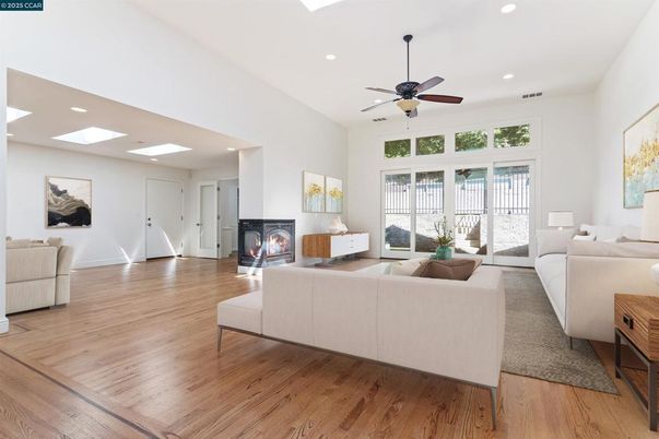 Fireplace, Interior, Living room, Recessed Lighting, Wood Texture Flooring