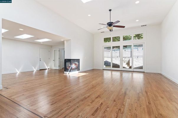 Empty room, Fireplace, Interior, Recessed Lighting, Wood Texture Flooring