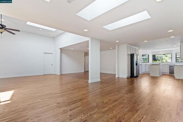 Empty room, Interior, Kitchen, Recessed Lighting, Wood Texture Flooring