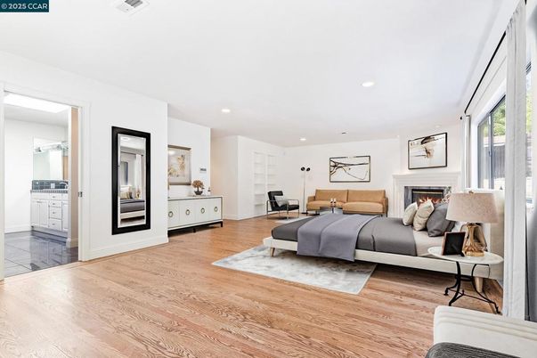 Bedroom, Fireplace, Interior, Living room, Recessed Lighting, Wood Texture Flooring