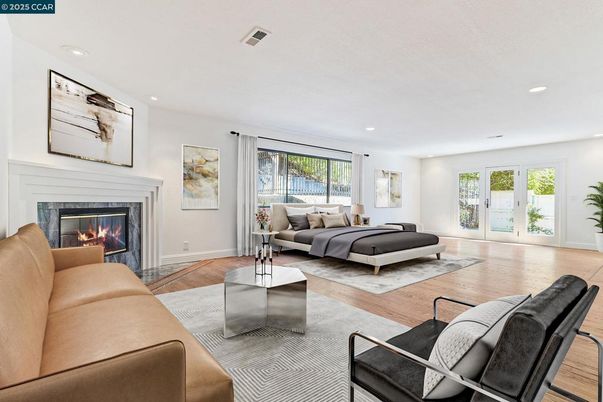 Bedroom, Fireplace, Interior, Living room, Recessed Lighting, Wood Texture Flooring