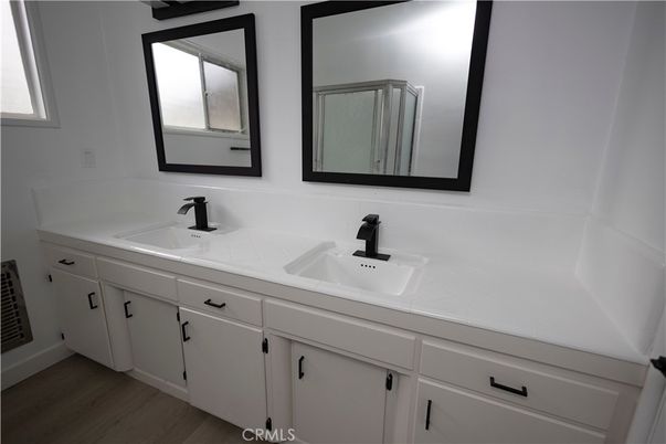 Bathroom, Dual Sink Vanities, Interior, Tile Countertops, Wood Texture Flooring