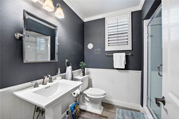 Bathroom, Glass Shower, Interior, Wood Texture Flooring