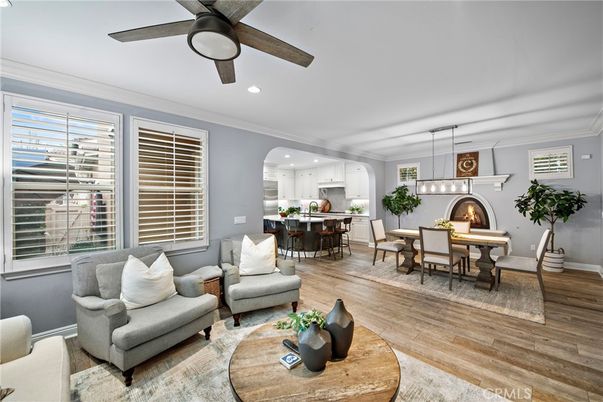 Dining room, Fireplace, Interior, Kitchen, Living room, Pendant Lights, Recessed Lighting, Wood Texture Flooring