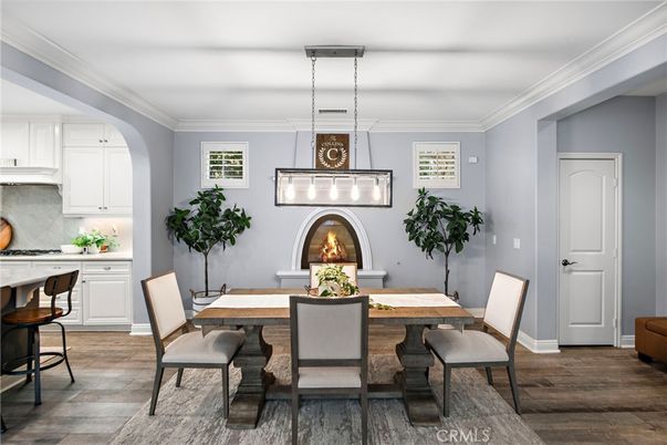 Dining room, Fireplace, Interior, Pendant Lights, Wood Texture Flooring