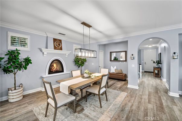 Dining room, Fireplace, Interior, Pendant Lights, Wood Texture Flooring