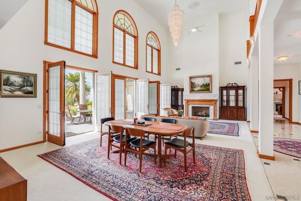 Dining room, Fireplace, Interior, Pendant Lights