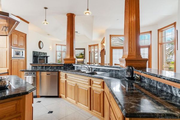 Fireplace, Interior, Kitchen, Pendant Lights, Stainless Steel Appliances