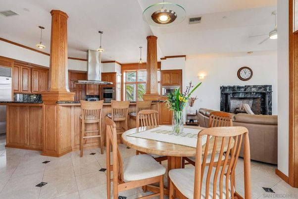 Dining room, Fireplace, Interior, Kitchen, Pendant Lights
