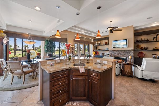 Dining room, Fireplace, Interior, Kitchen, Living room, Pendant Lights, Recessed Lighting