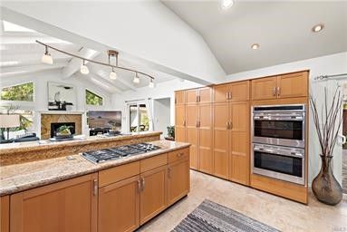 Fireplace, Interior, Kitchen, Recessed Lighting, Stainless Steel Appliances